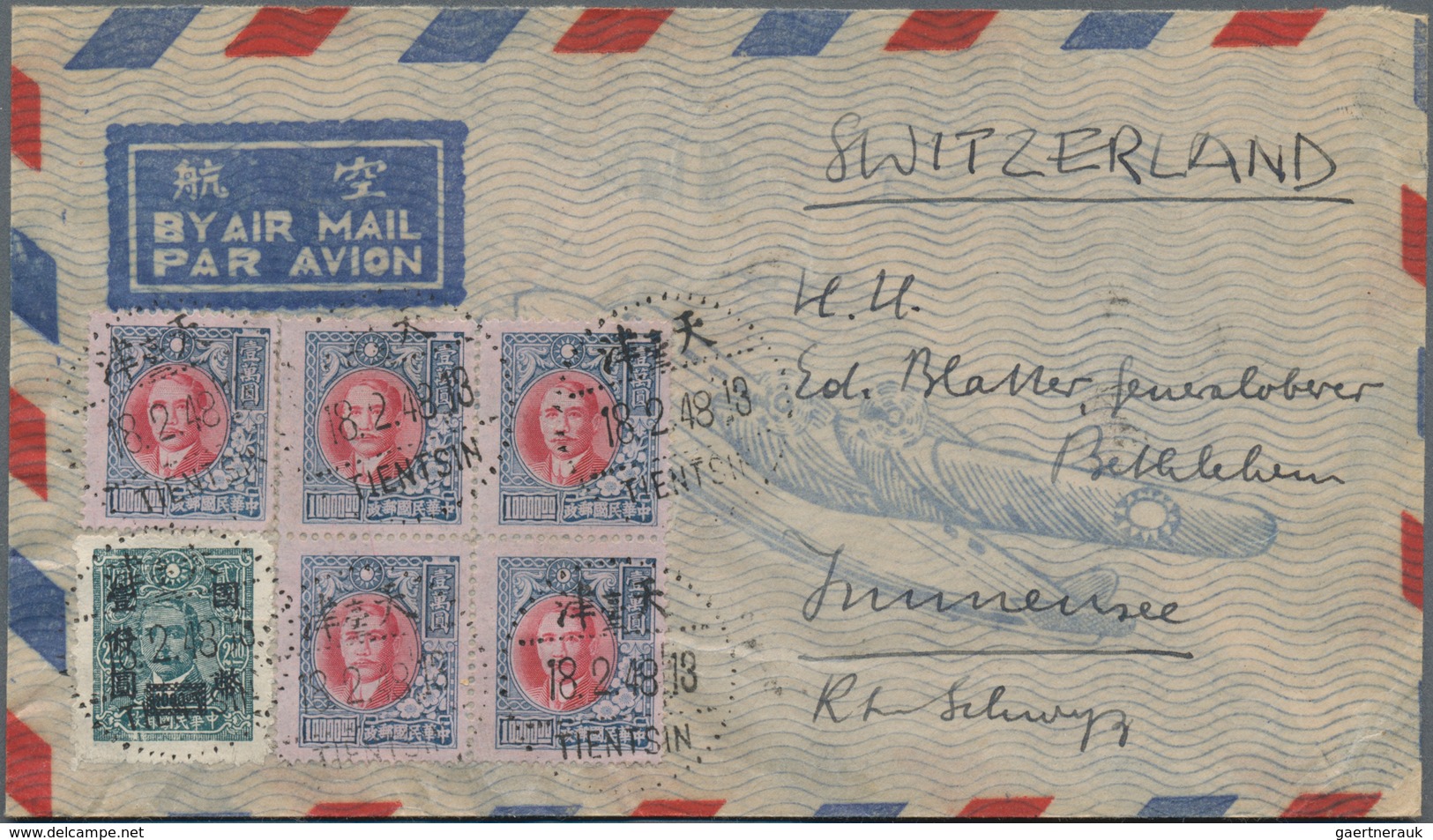 China: 1929/47, Group Of 6 Airmail Covers: To England (via HK, $1 Constitution Single), Switzerland - Other & Unclassified
