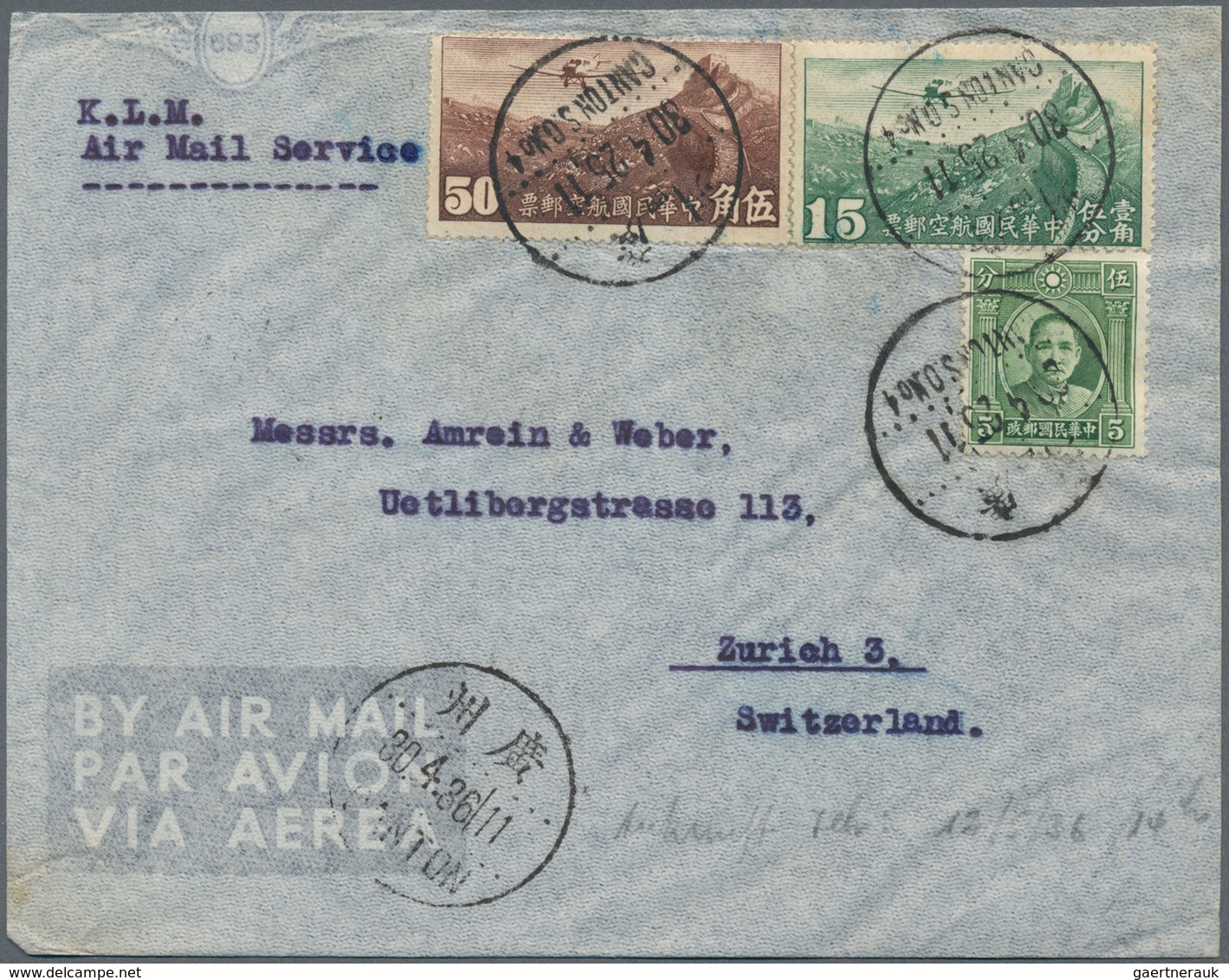 China: 1929/47, Group Of 6 Airmail Covers: To England (via HK, $1 Constitution Single), Switzerland - Other & Unclassified