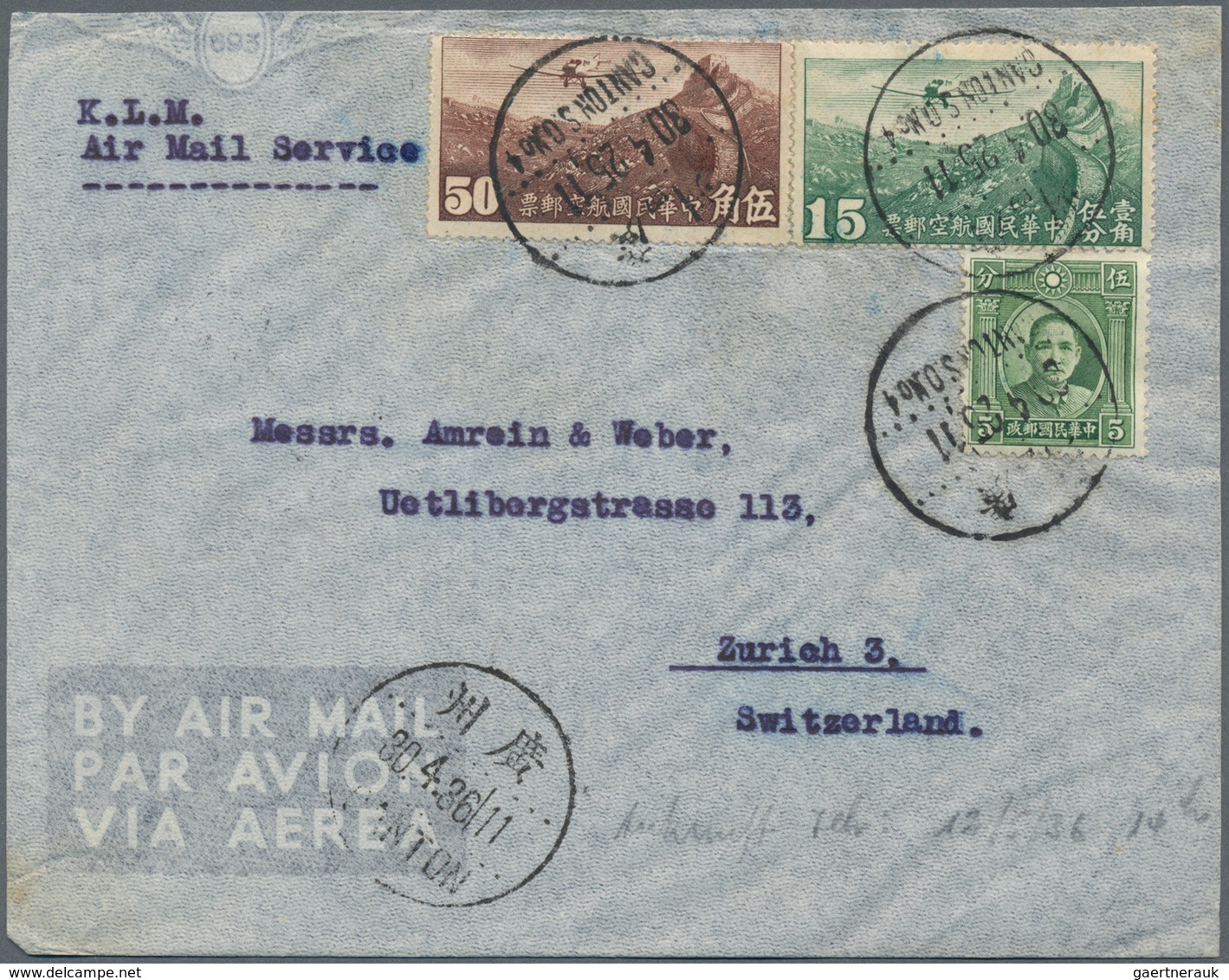 China: 1929/47, Group Of 6 Airmail Covers: To England (via HK, $1 Constitution Single), Switzerland - Andere & Zonder Classificatie