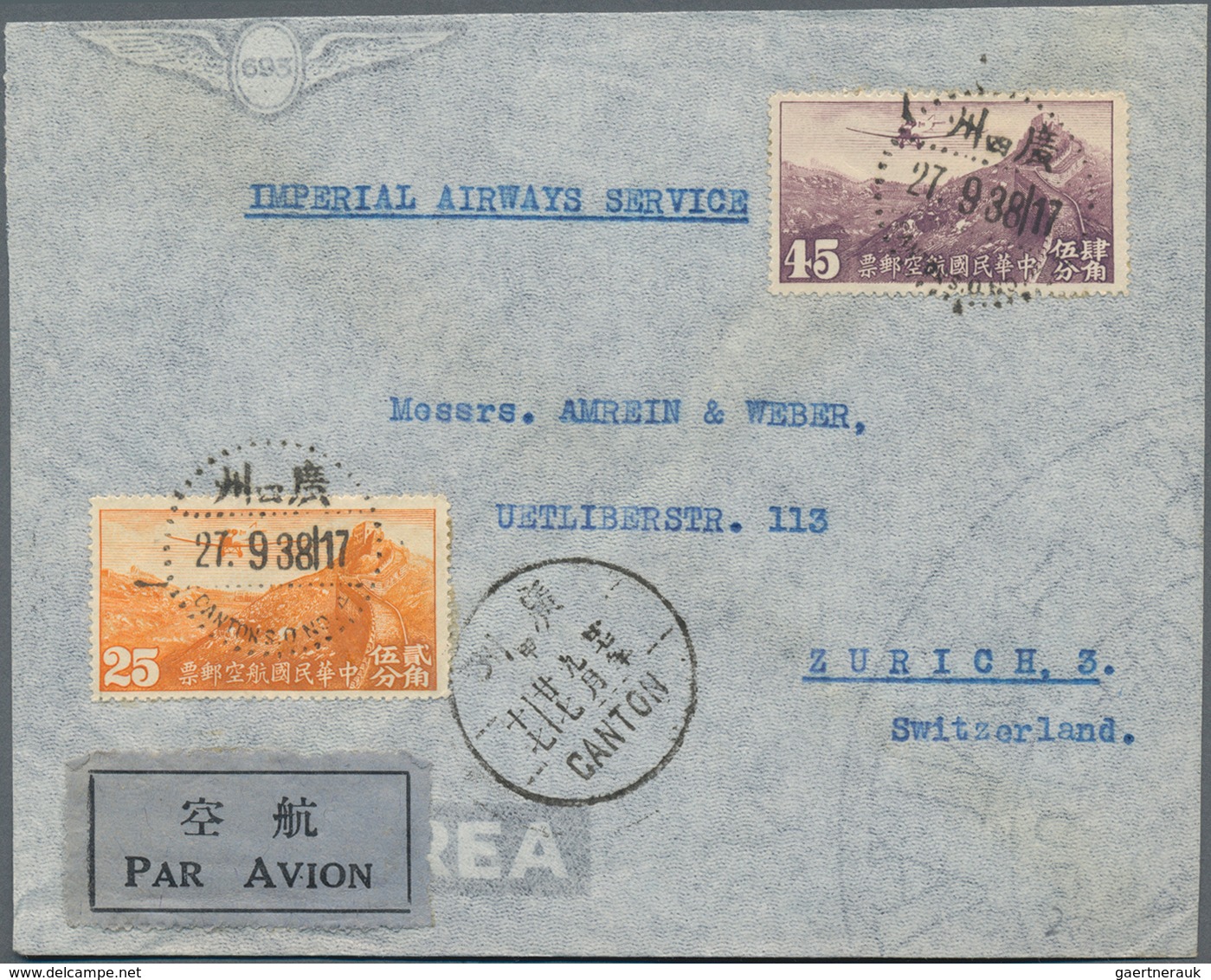 China: 1929/47, Group Of 6 Airmail Covers: To England (via HK, $1 Constitution Single), Switzerland - Other & Unclassified