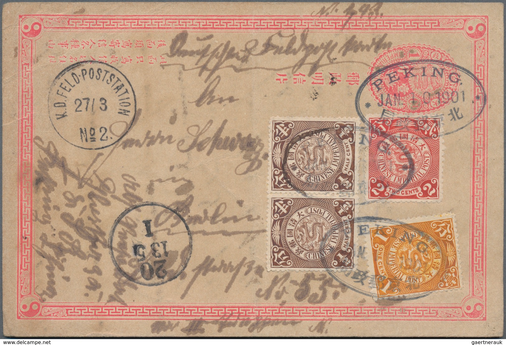 China - Ganzsachen: 1897/98, Cards ICP (2) Or CIP Reply Part Used As German Field Post Cards Or Mess - Postales