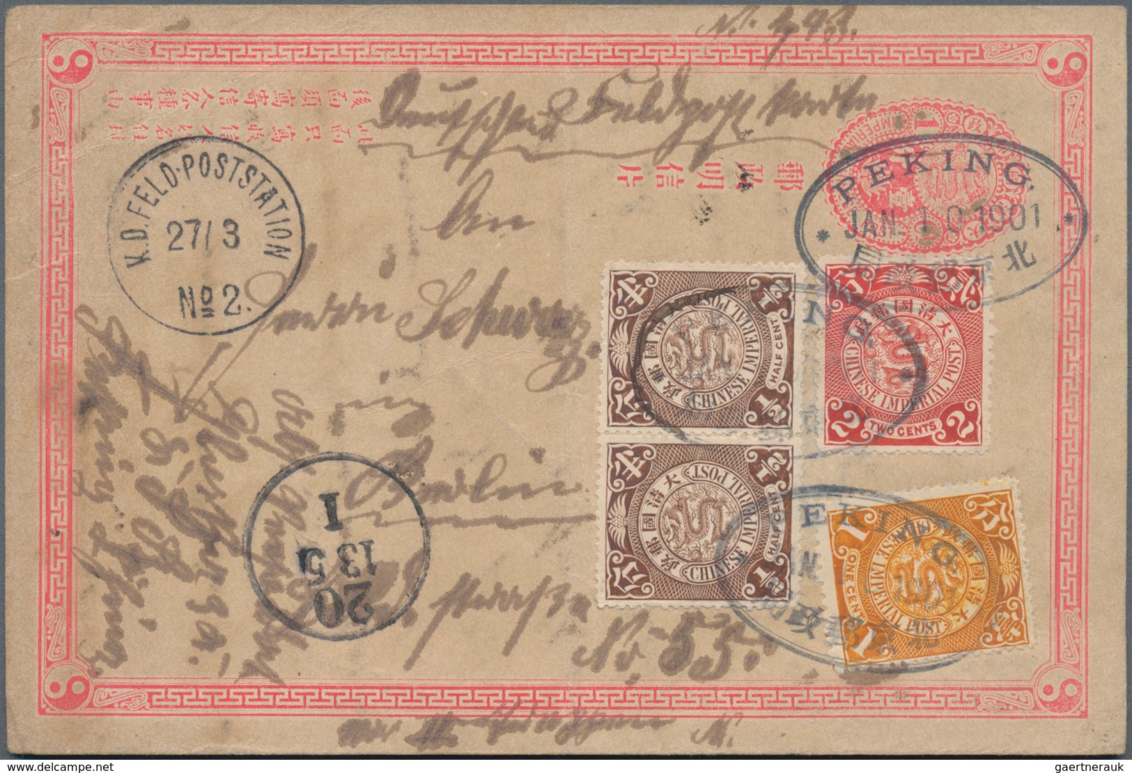 China - Ganzsachen: 1897/98, Cards ICP (2) Or CIP Reply Part Used As German Field Post Cards Or Mess - Postkaarten