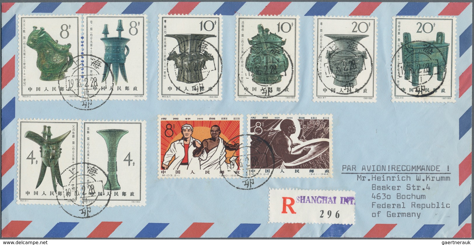 China - Volksrepublik: 1956/76, Covers (6) All With Full Sets (9, S74 Minus-1) All Used To Germany I - Sonstige & Ohne Zuordnung