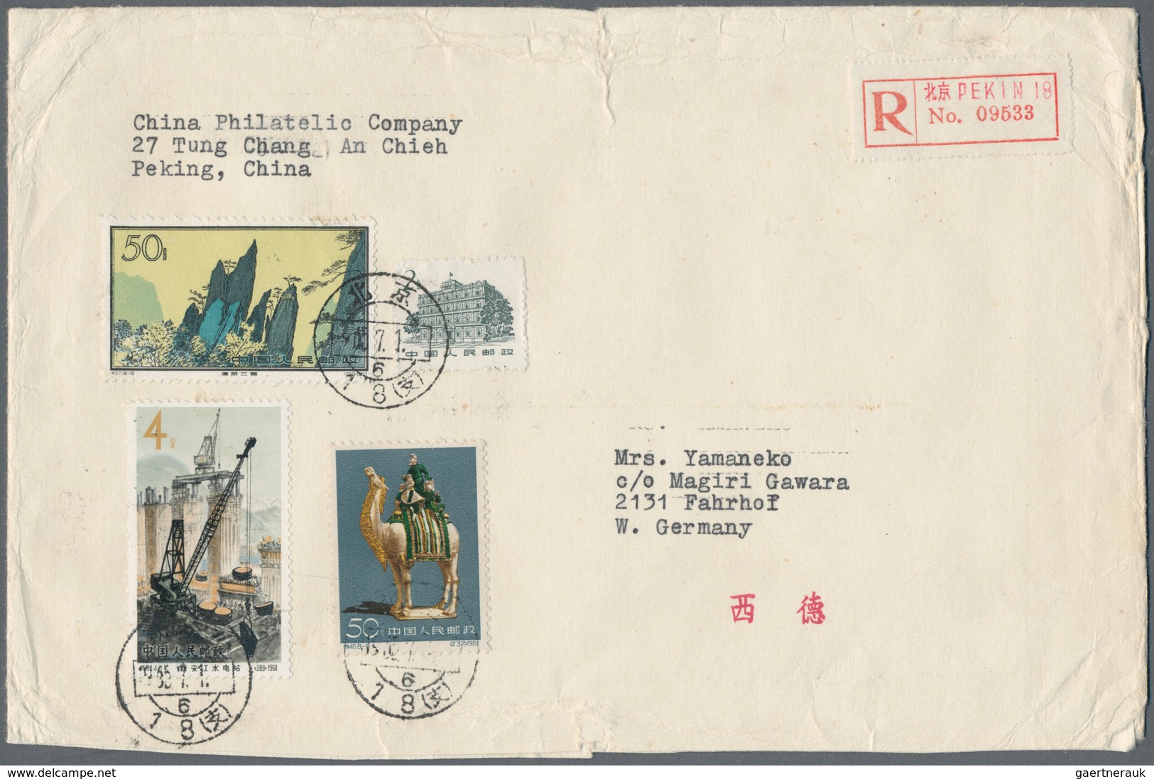 China - Volksrepublik: 1960s/70s, covers (21) or ppc (2) used foreign inc. peonies, Huangshan, chrys