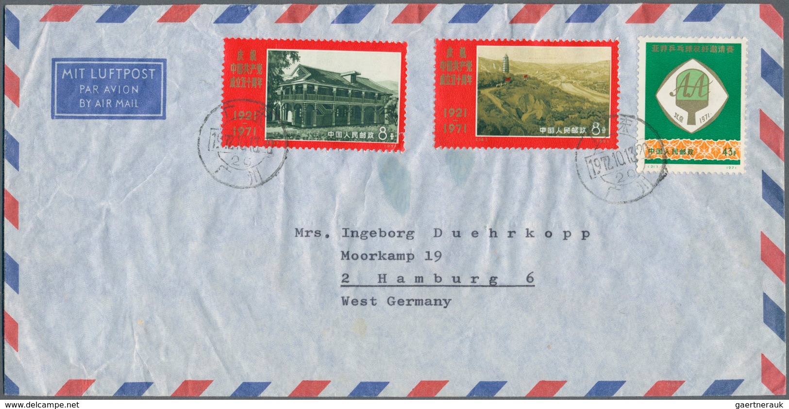 China - Volksrepublik - Ganzsachen: 1971, KPC 50 years stamps on covers (8); Albania 52f. single or