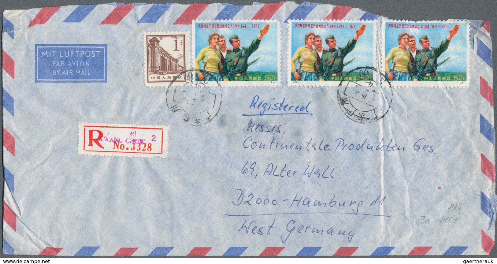 China - Volksrepublik - Ganzsachen: 1971, KPC 50 years stamps on covers (8); Albania 52f. single or