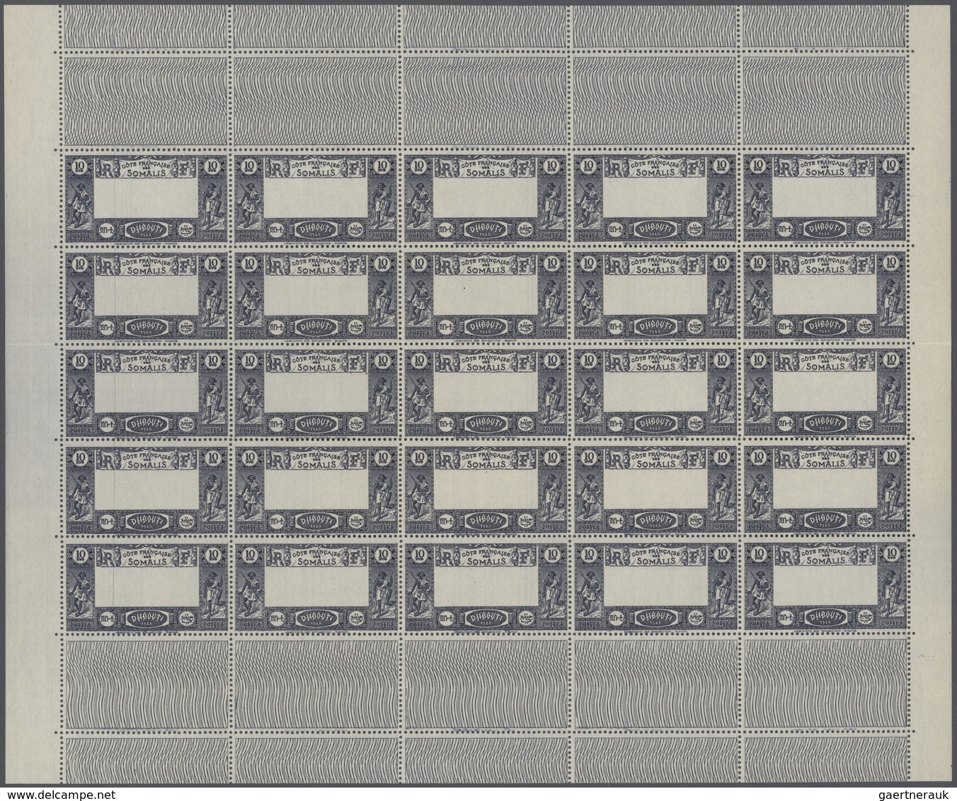 Dschibuti: 1938, Definitives "Views Of Djibouti", 10fr. Showing Variety "Missing Centre", Pane Of 25 - Autres & Non Classés