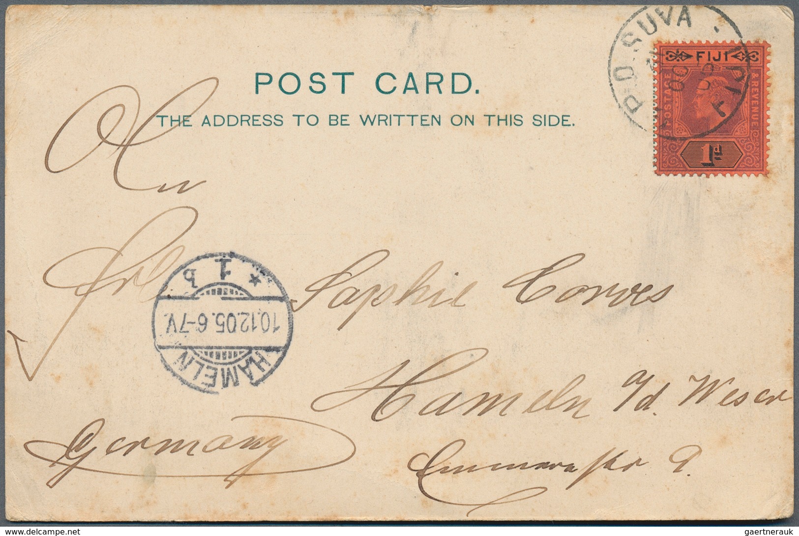 Fiji-Inseln: 1890/1955 (ca.), cards (7), inbound (3) 1912 from Switzerland and UK, airmails KGVI/QEI