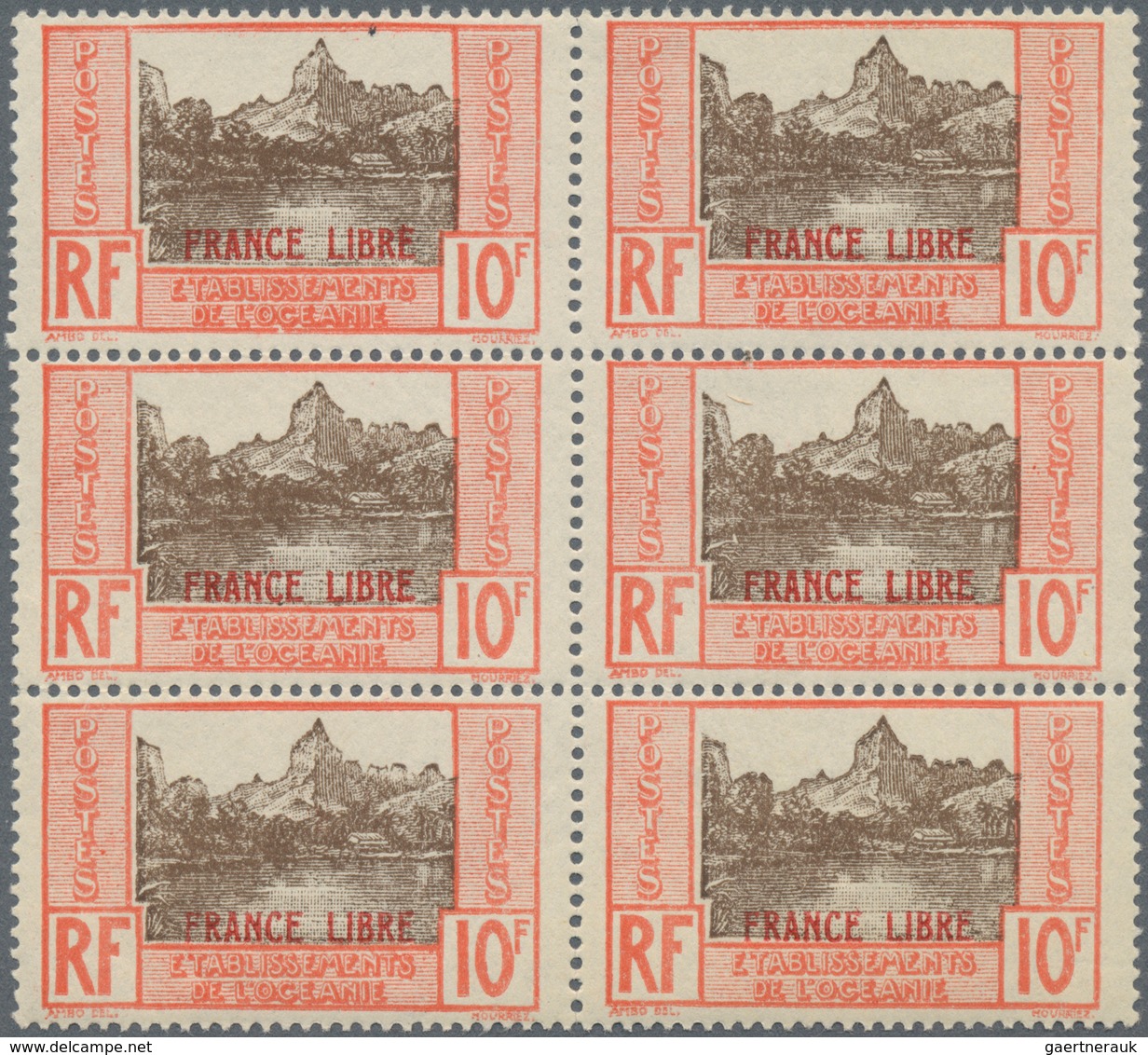 Französisch-Ozeanien: 1941, FRANCE LIBRE Overprints, 10fr. Red/brown, Lot Of 47 Pieces Mint Never Hi - Ungebraucht