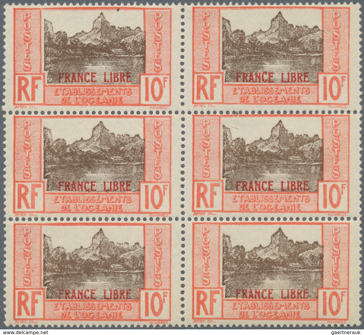 Französisch-Ozeanien: 1941, FRANCE LIBRE Overprints, 10fr. Red/brown, Lot Of 47 Pieces Mint Never Hi - Nuevos