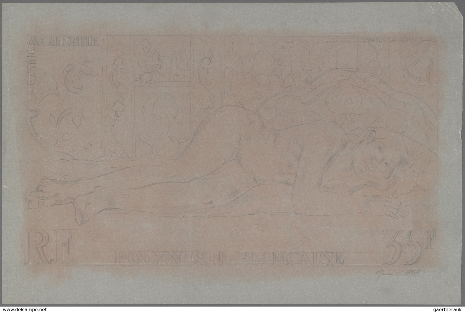 Französisch-Polynesien: Type Not Issued "35f. Lying Woman By Gauguin", Pencil Sketch On Pergament Pa - Lettres & Documents