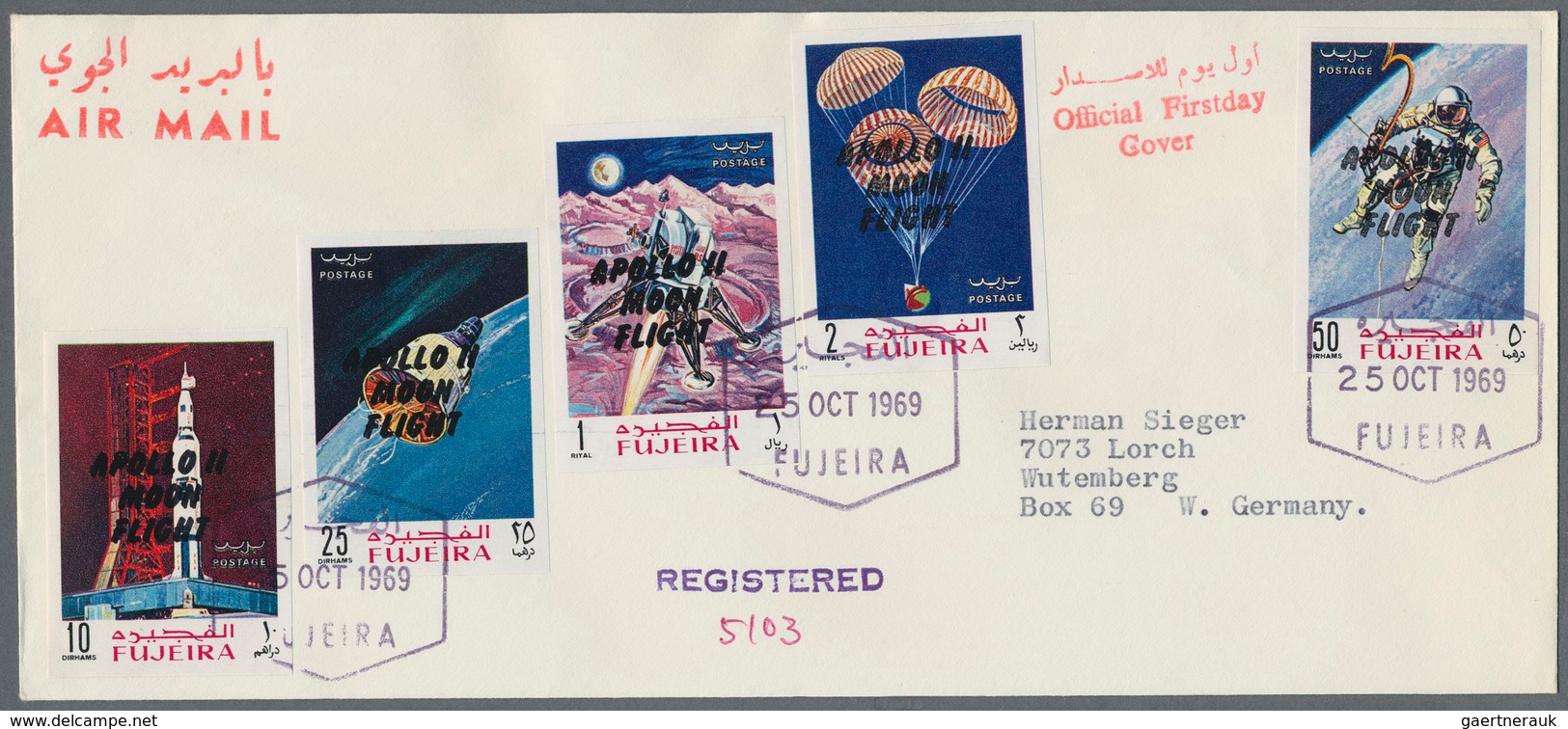 Fudschaira / Fujeira: 1969, APOLLO, group of 18 covers: Michel nos. 399/407 A and A 399/407 A on fou