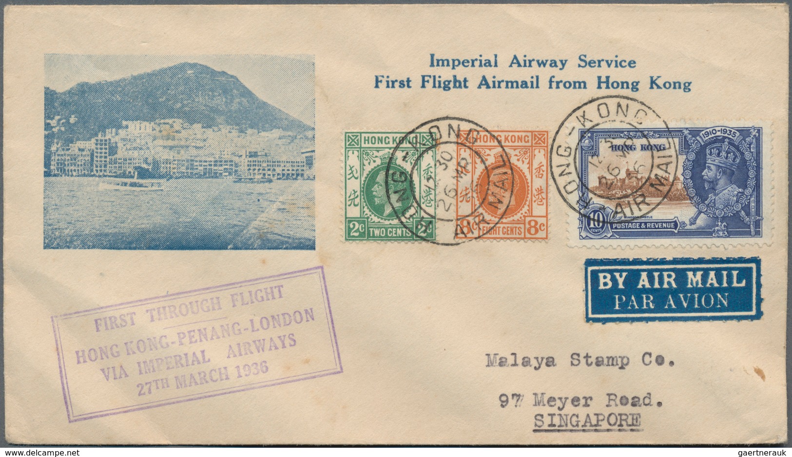 Hongkong: 1936/1937, Lot Of Four 1st Flight Covers: 17 Mar 1936 Hongkong-Penang-London, 29 Apr 1937 - Autres & Non Classés
