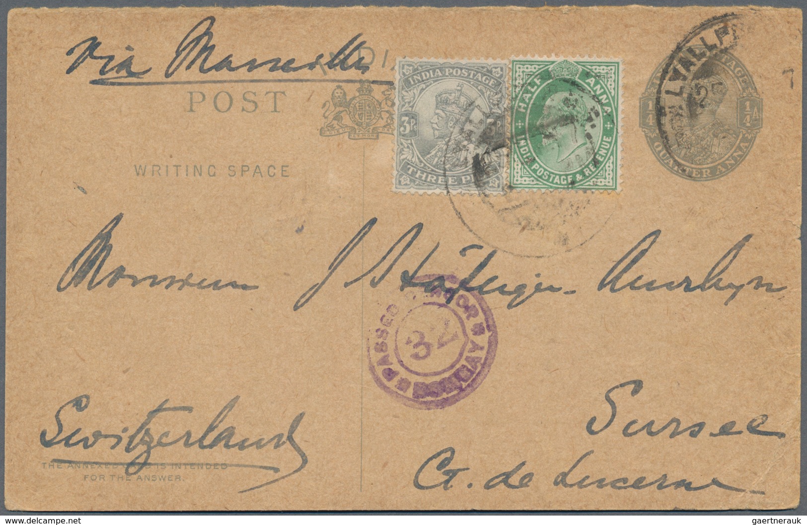 Indien: 1915-19 WWI Censored Mail: Three Postal Stationery Cards And Two Covers From India To Hollan - 1854 Britische Indien-Kompanie