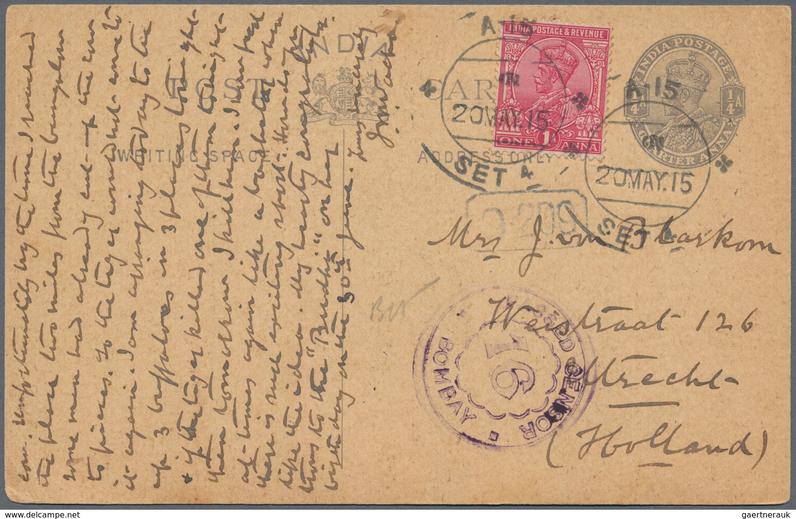 Indien: 1915-19 WWI Censored Mail: Three Postal Stationery Cards And Two Covers From India To Hollan - 1854 Britische Indien-Kompanie