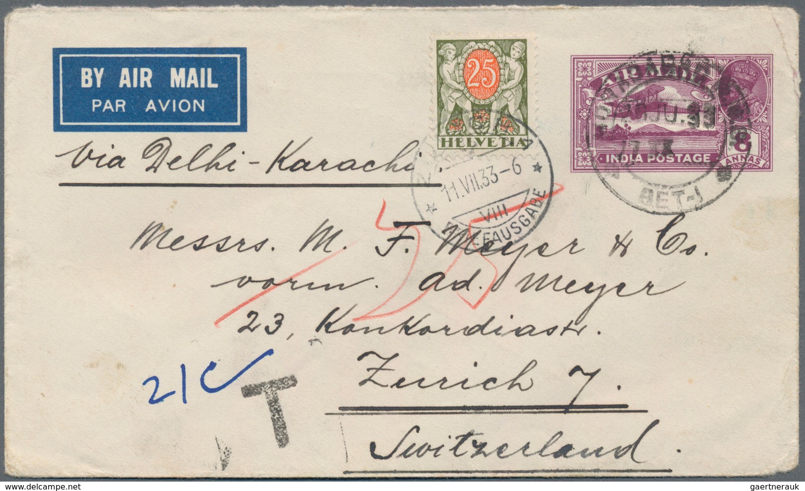 Indien: 1933-38, Five Unusual Covers Including 1.) 1933 P/s Air Envelope 8a. To Switzerland With Swi - 1854 Britse Indische Compagnie