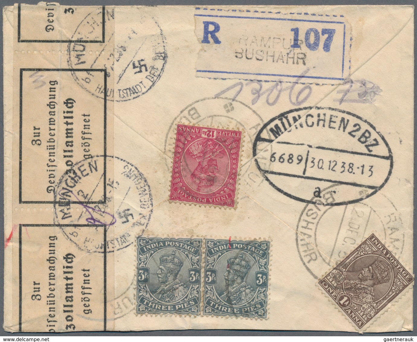 Indien: 1933-38, Five Unusual Covers Including 1.) 1933 P/s Air Envelope 8a. To Switzerland With Swi - 1854 Compagnie Des Indes