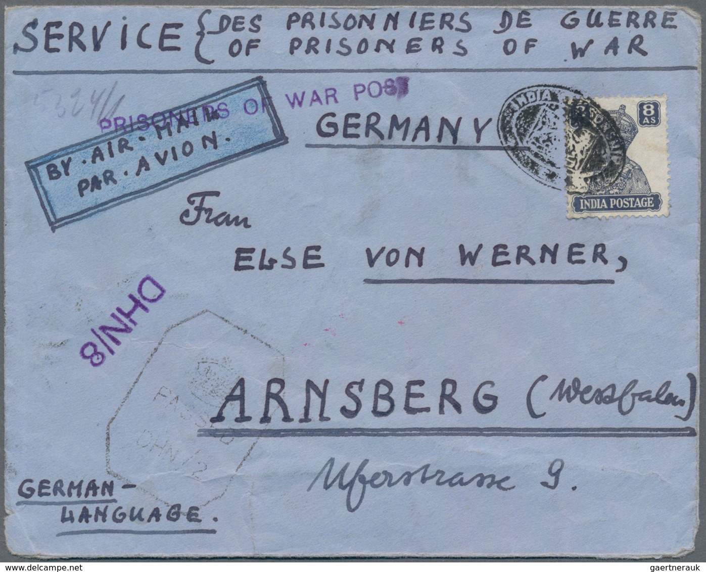 Indien: 1942-45 WWII. War Mail: Five Unusual WWII Covers, With Three P.O.W. Covers Including Mail Fr - 1854 Compagnie Des Indes