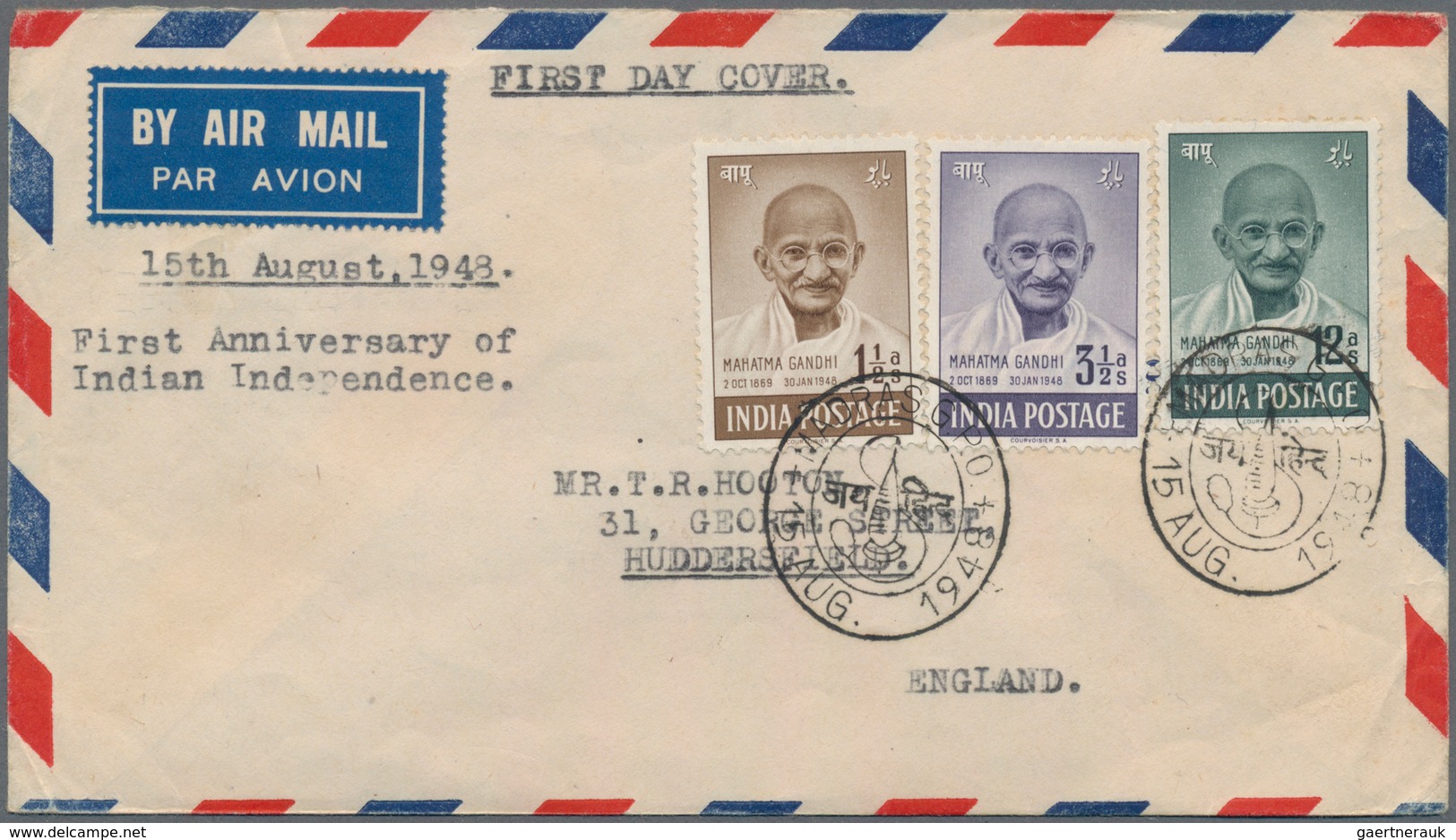 Indien: 1948 GANDHI: Four Covers Franked By Anna Values (1½a. To 12a.) Of 1948 Gandhi Issue, With Th - 1854 East India Company Administration