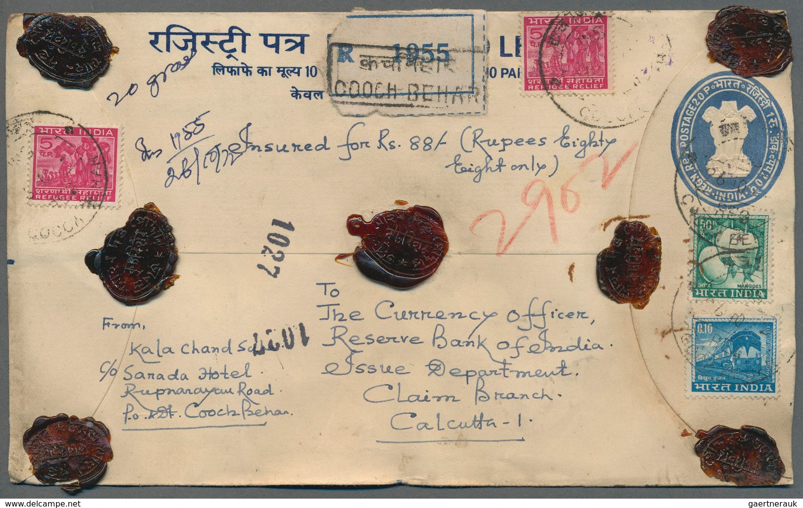 Indien: 1970's: About 250 Postal Stationery Registered Envelopes, All Used, Many With Refugee Relief - 1854 East India Company Administration