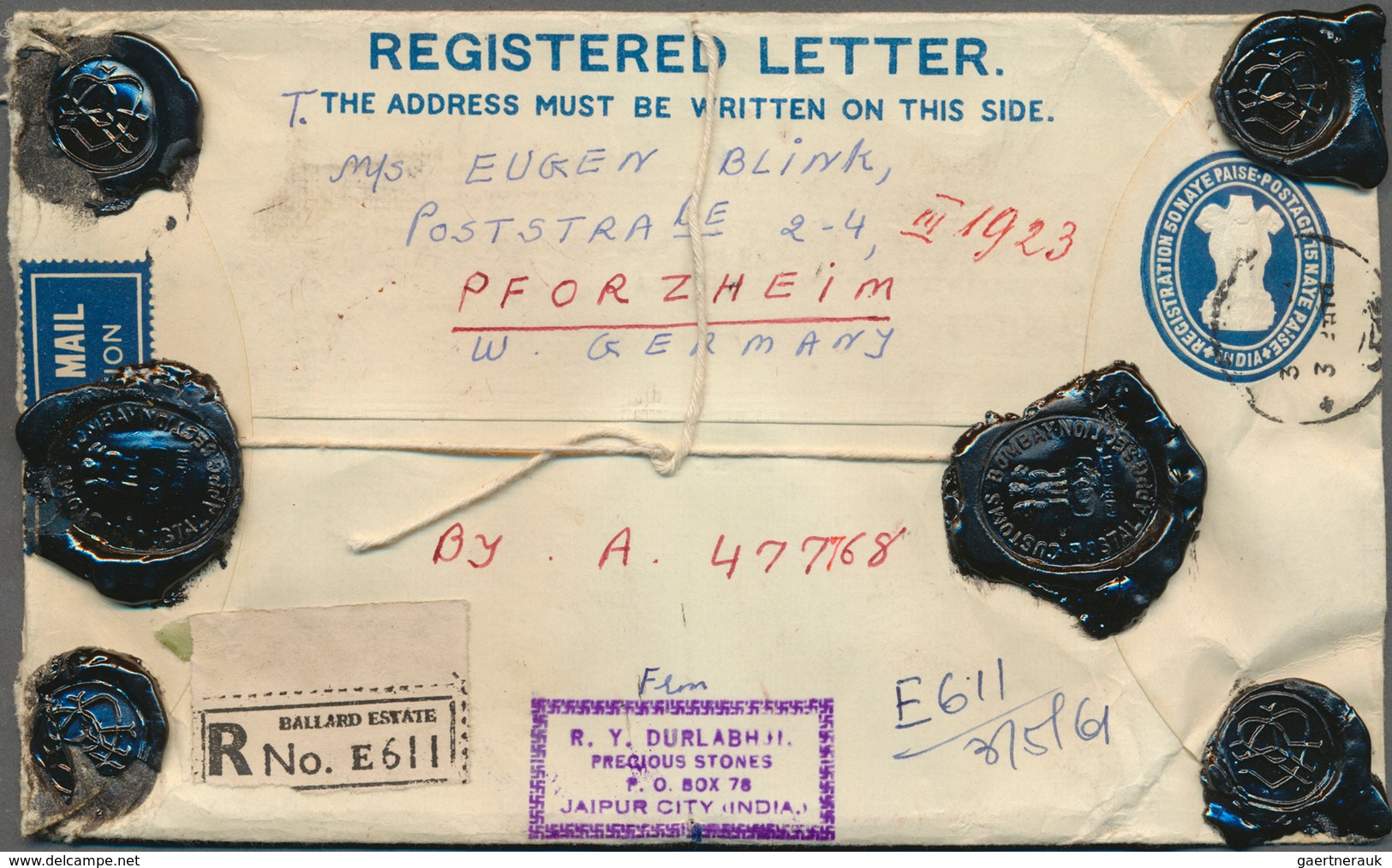 Indien - Ganzsachen: 1954/1961, Group Of Nine Uprated Registered Stationery Envelopes 6a. Blue (6), - Unclassified