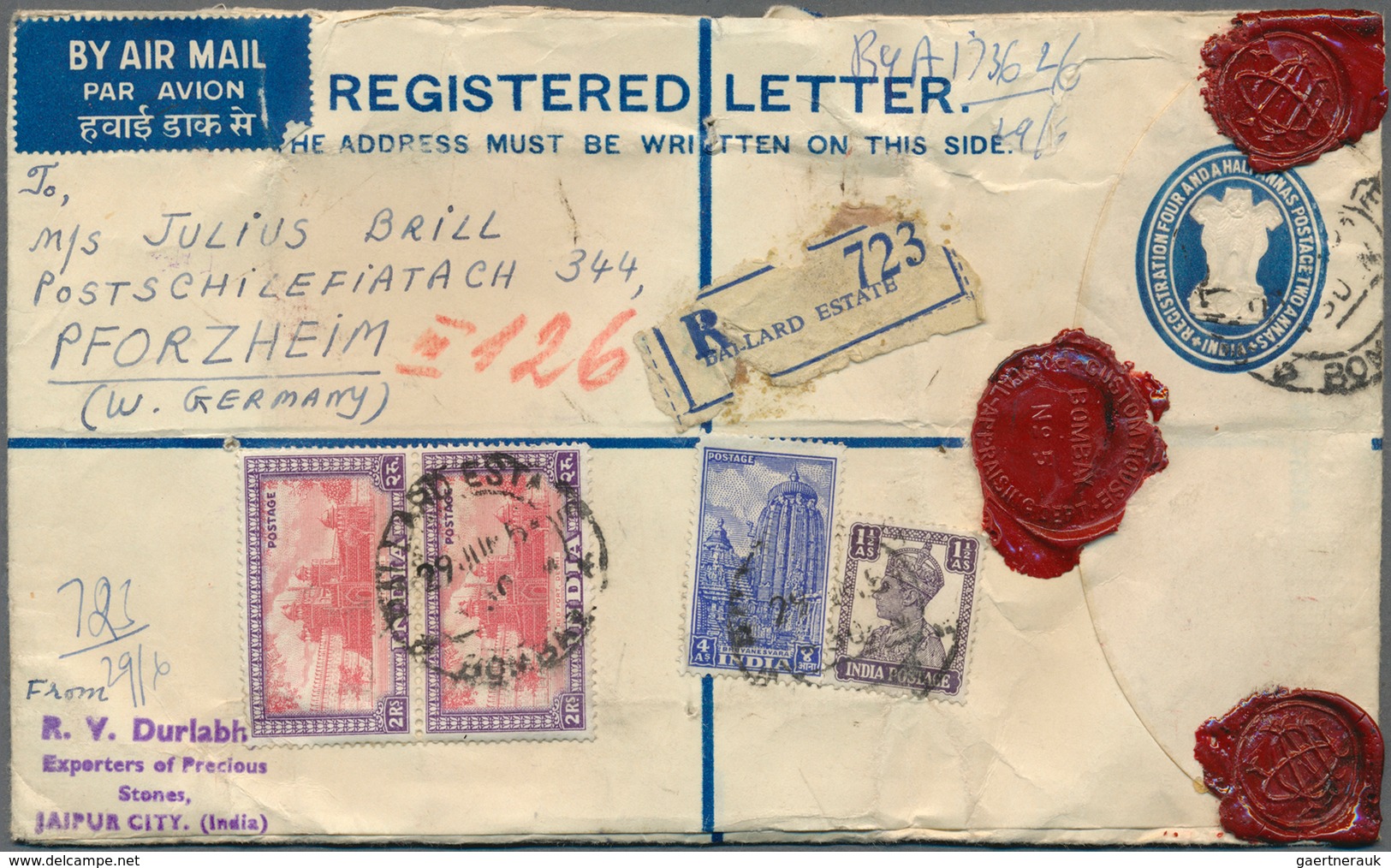 Indien - Ganzsachen: 1954/1961, Group Of Nine Uprated Registered Stationery Envelopes 6a. Blue (6), - Unclassified
