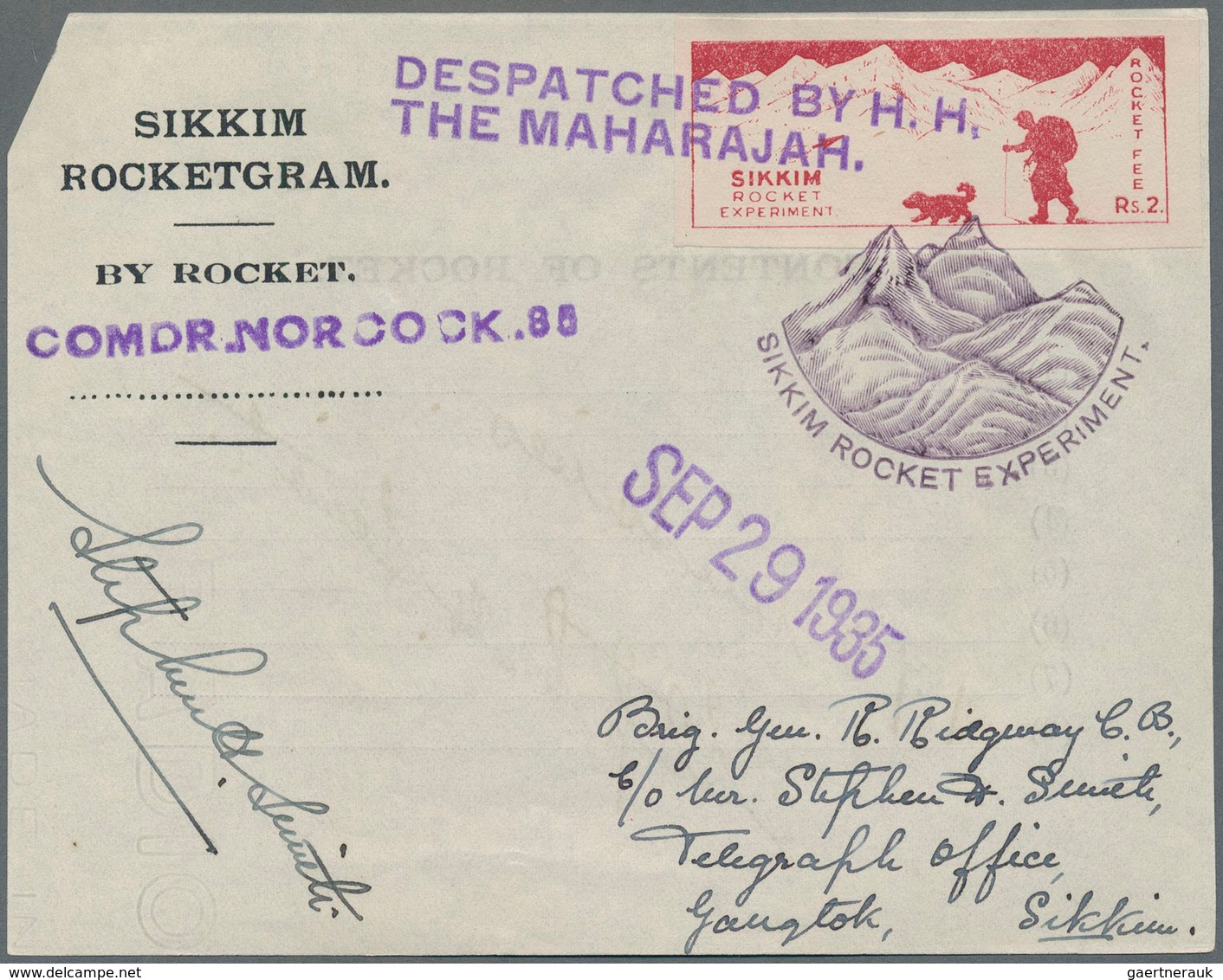 Indien - Raketenpost: 1935-38: Six Rocketgrams, With Three 1935 Sikkim Rocketgrams (two With The Vig - Andere & Zonder Classificatie