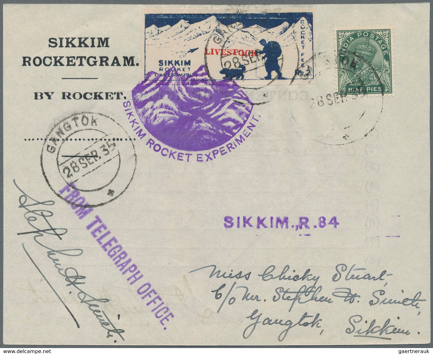 Indien - Raketenpost: 1935-38: Six Rocketgrams, With Three 1935 Sikkim Rocketgrams (two With The Vig - Other & Unclassified