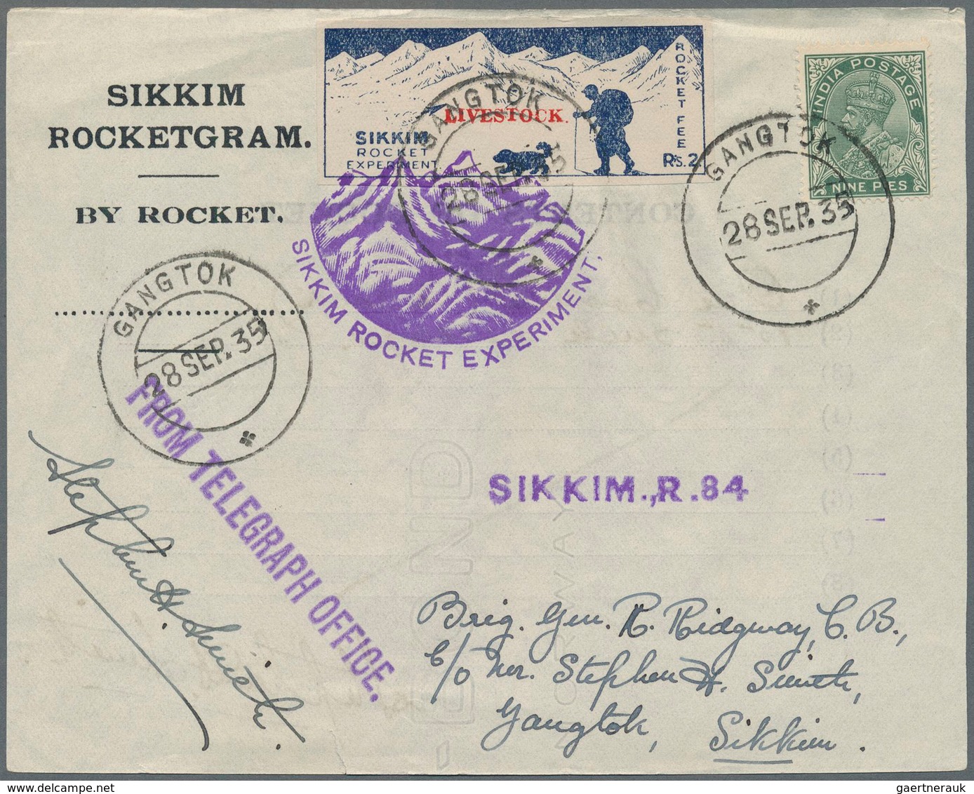 Indien - Raketenpost: 1935-38: Six Rocketgrams, With Three 1935 Sikkim Rocketgrams (two With The Vig - Other & Unclassified