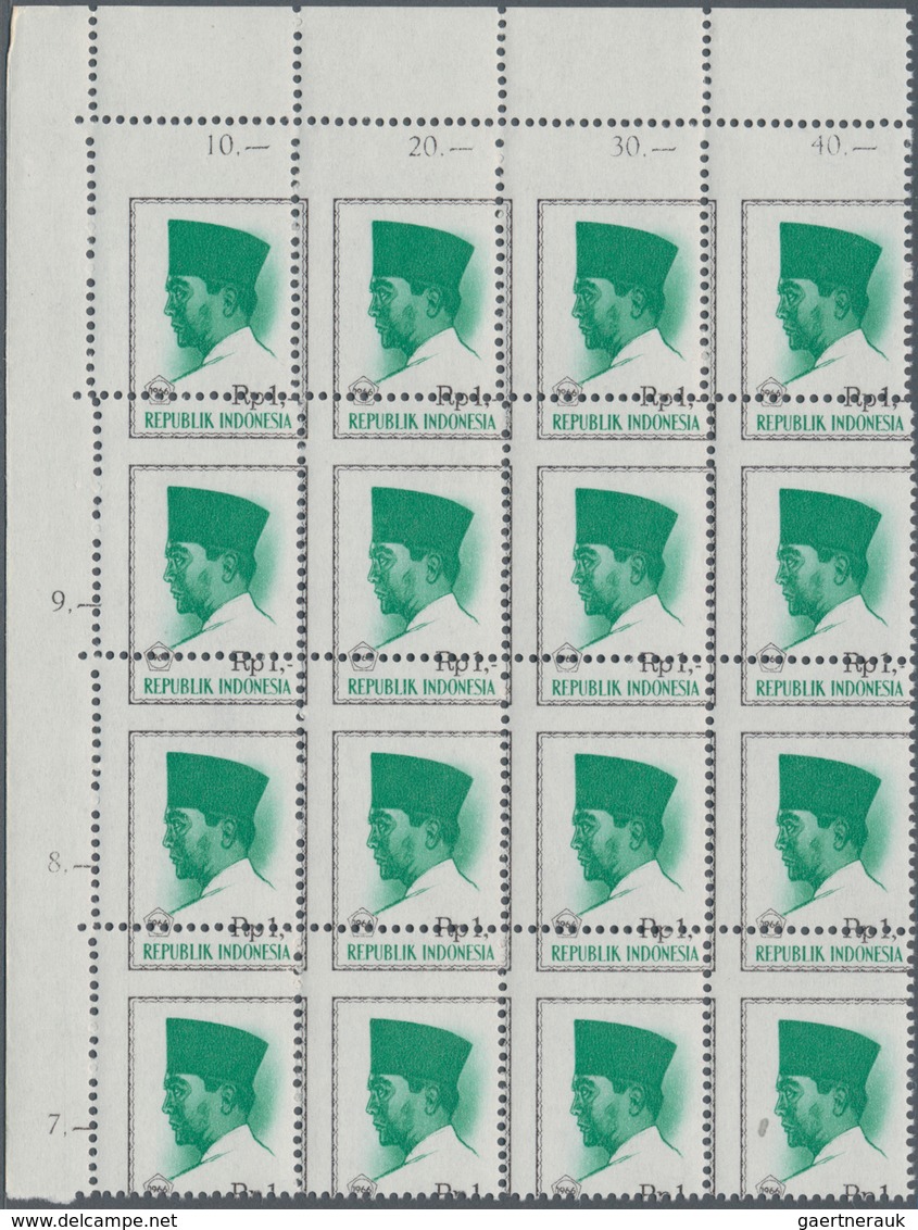 Indonesien: 1966, President Sukarno 1rp. Brown/green Lot With About 15.000 (!) Stamps Mostly In Fold - Indonésie