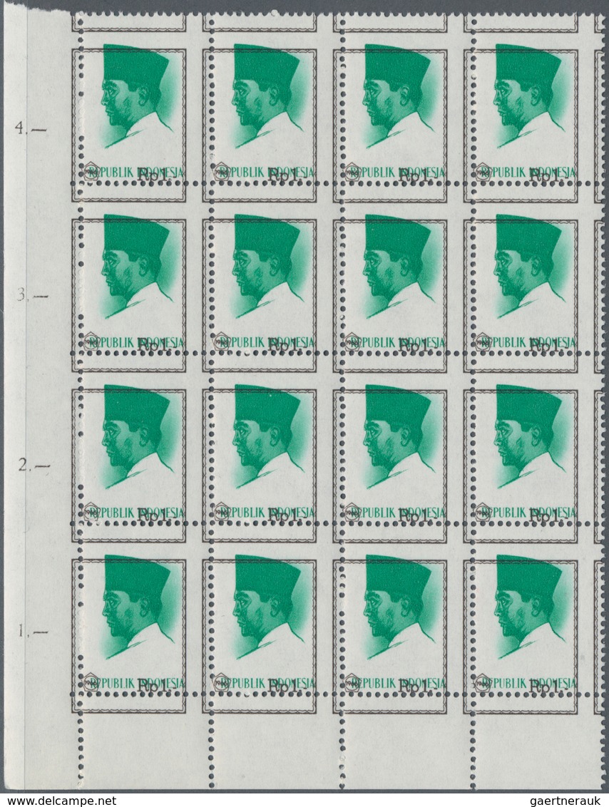 Indonesien: 1966, President Sukarno 1rp. Brown/green Lot With About 15.000 (!) Stamps Mostly In Fold - Indonesia