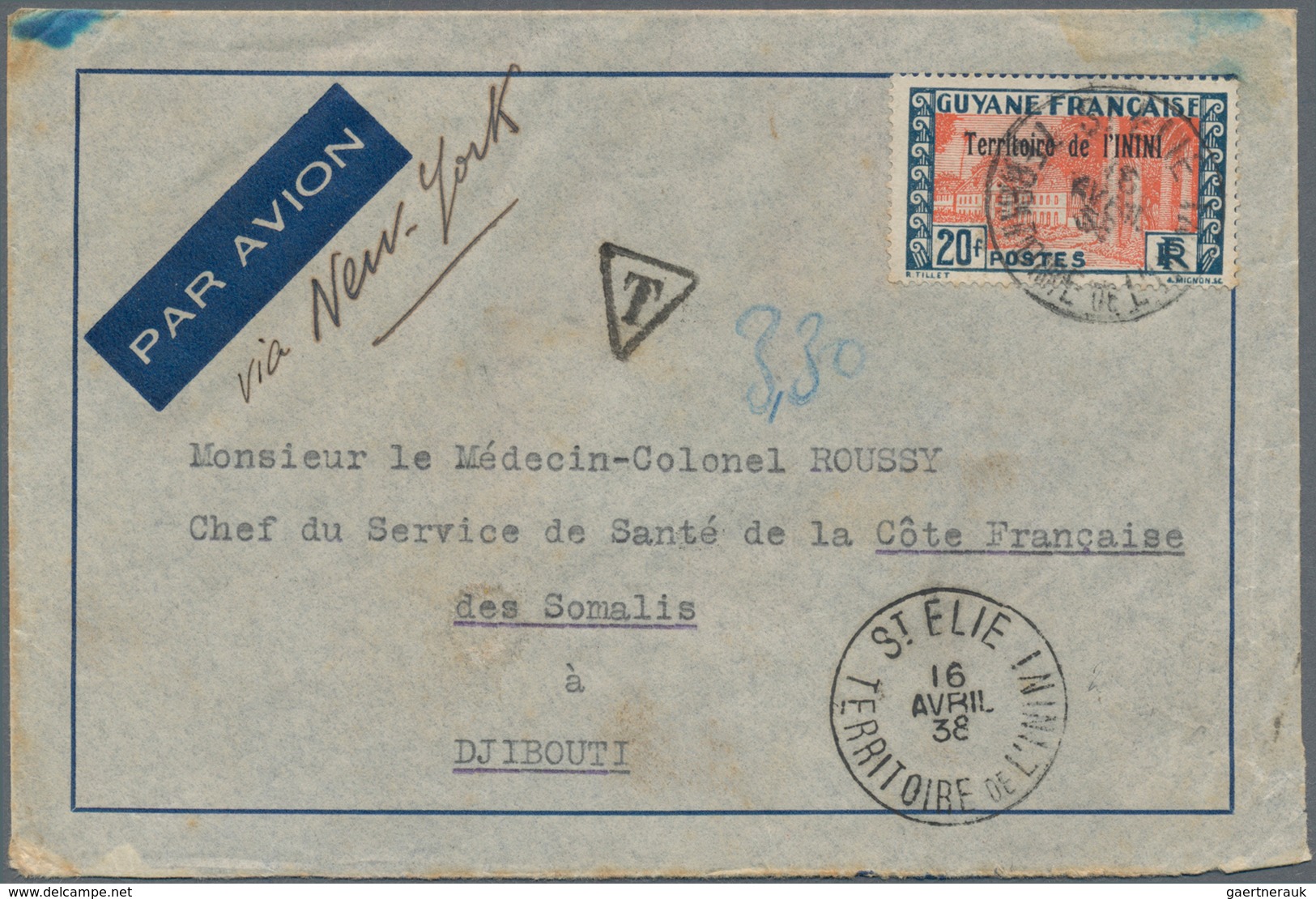 Inini: 1938, Printed Airmail Envelope Used From St. Elle, Inini To Djibouti, French Somali Coast Via - Brieven En Documenten