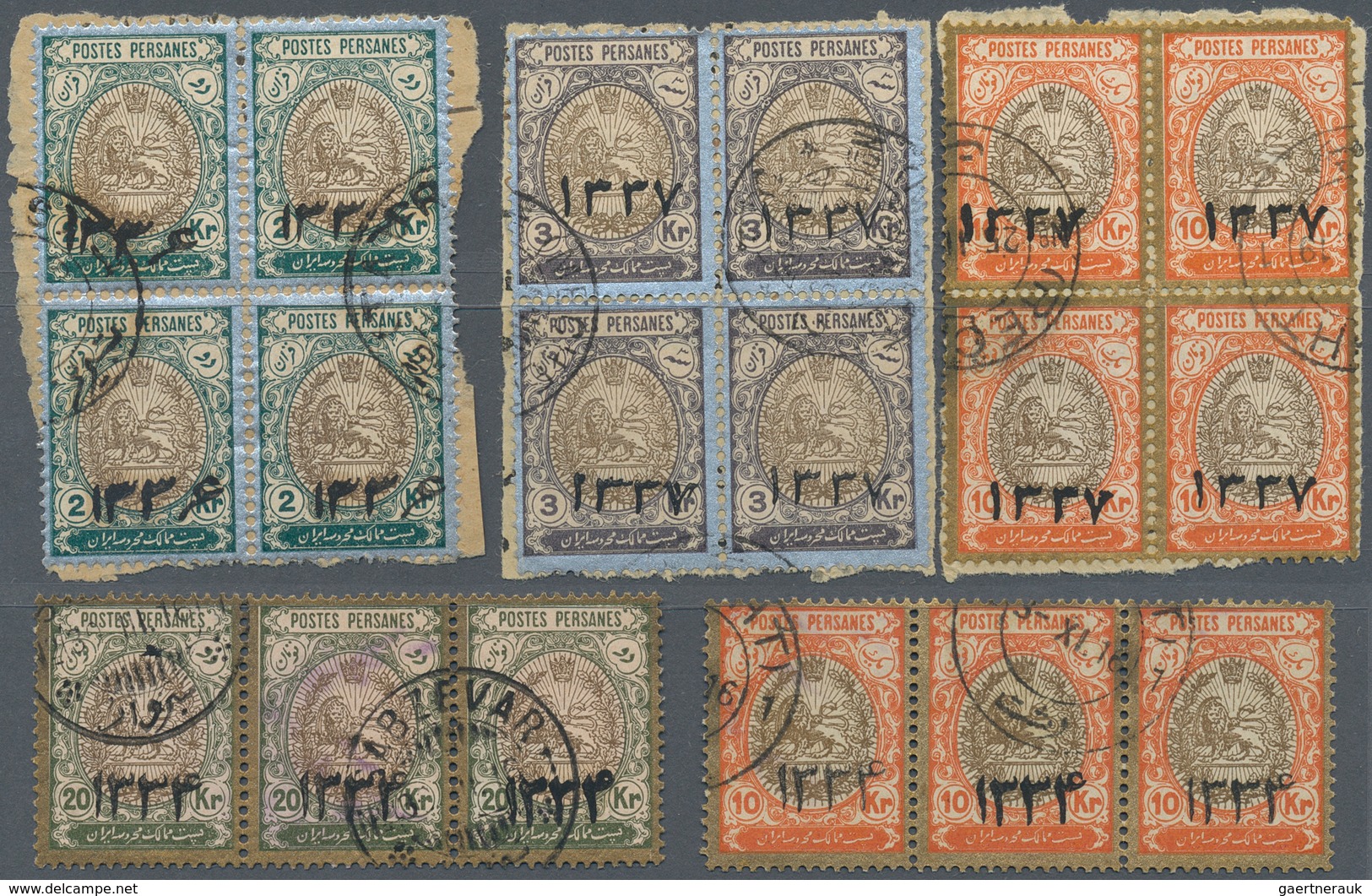 Iran: 1916/1918, Coat Of Arms With Year Date Overpints "1334" And "1337", Three Blocks Of Four And T - Iran