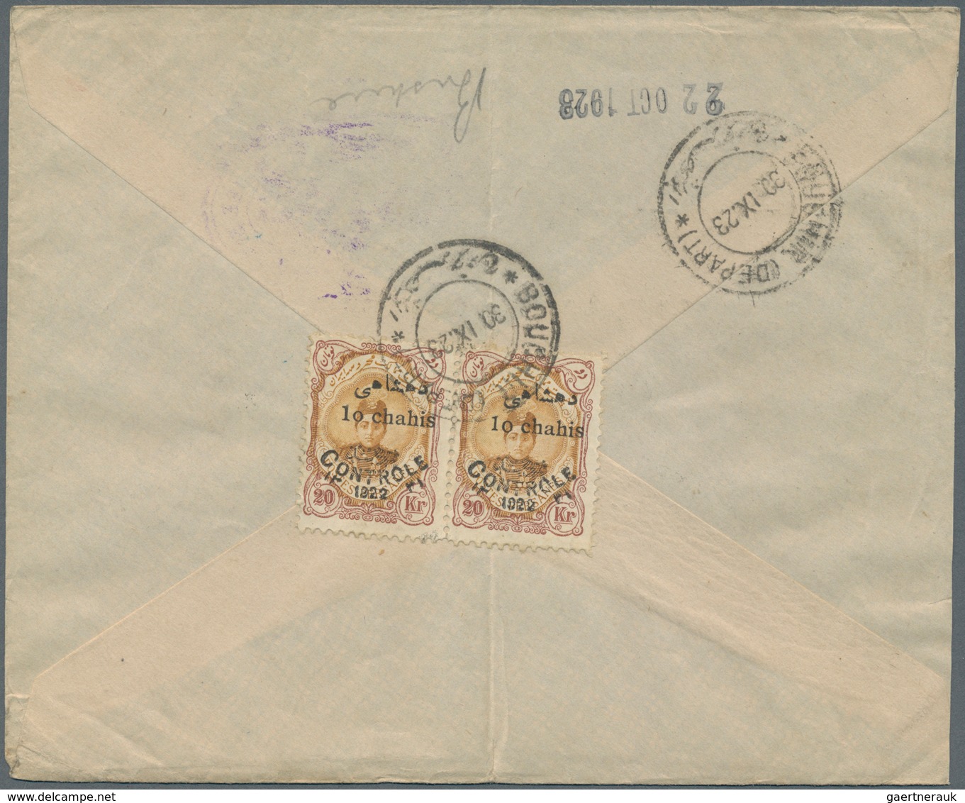 Iran: 1928, Four Covers With "BENADERS" & "CONTROLE" Overprinted Single And Pair Frankings, Complete - Irán