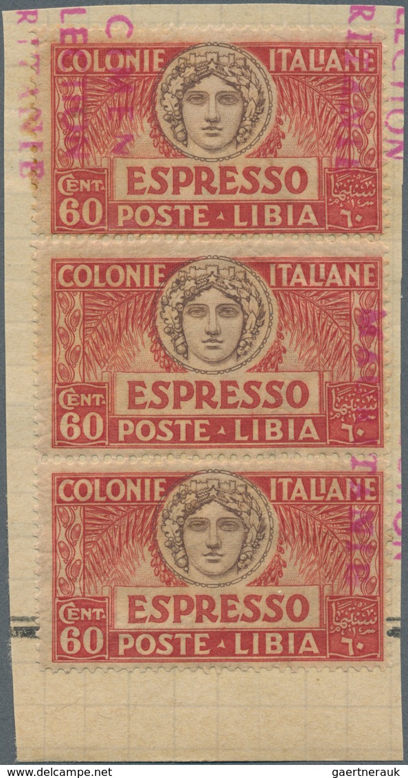 Italienisch-Libyen: 1930-1940 (ca). 16 Strips Of 3 On UPU Album Page (+ 2 Plain), Red Overprint "Spe - Libia