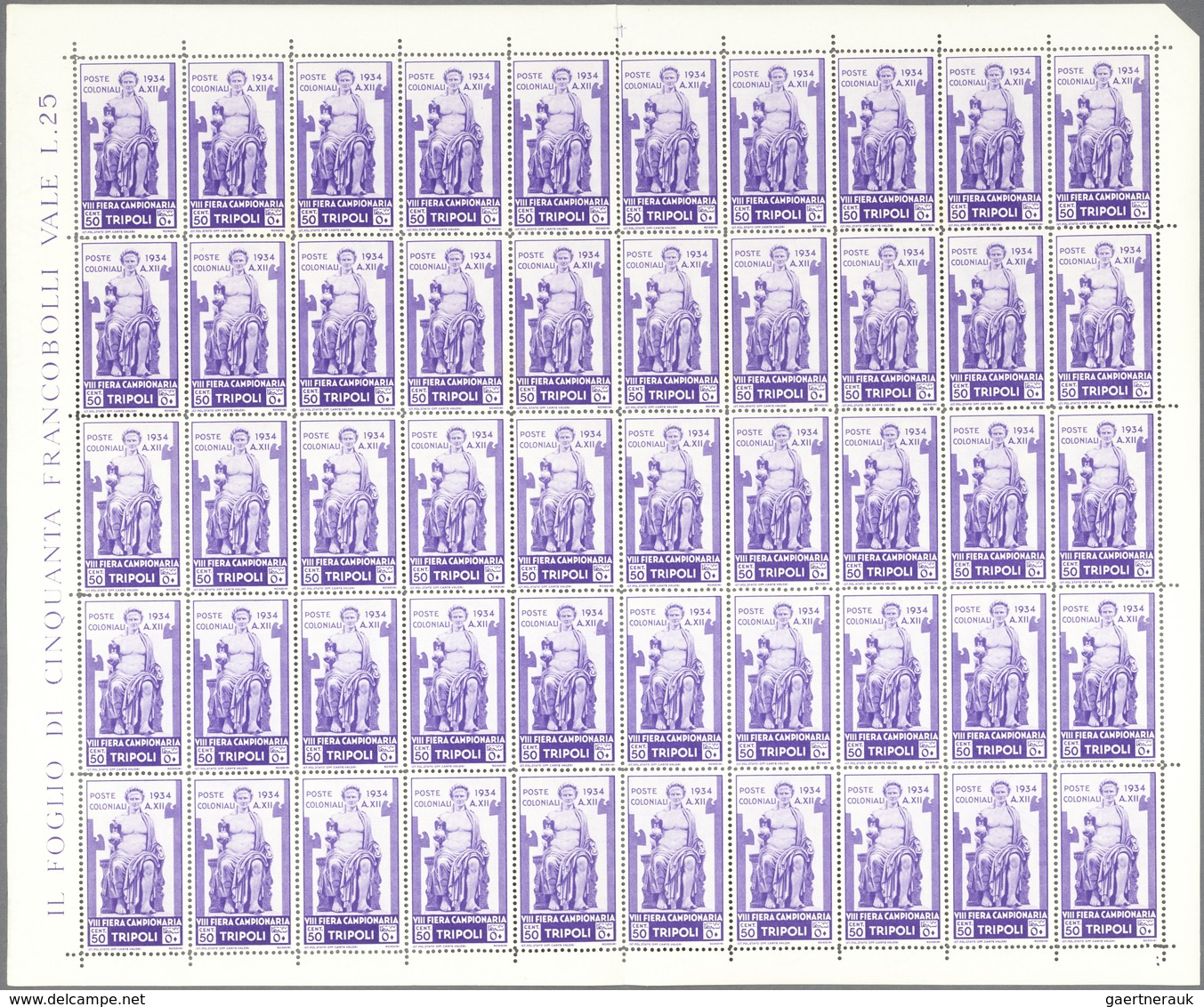 Italienisch-Libyen: 1934, 8th Tripoli Fair, Surface Mail Stamps 10c.-1.25l., 50 Complete Sets Within - Libya