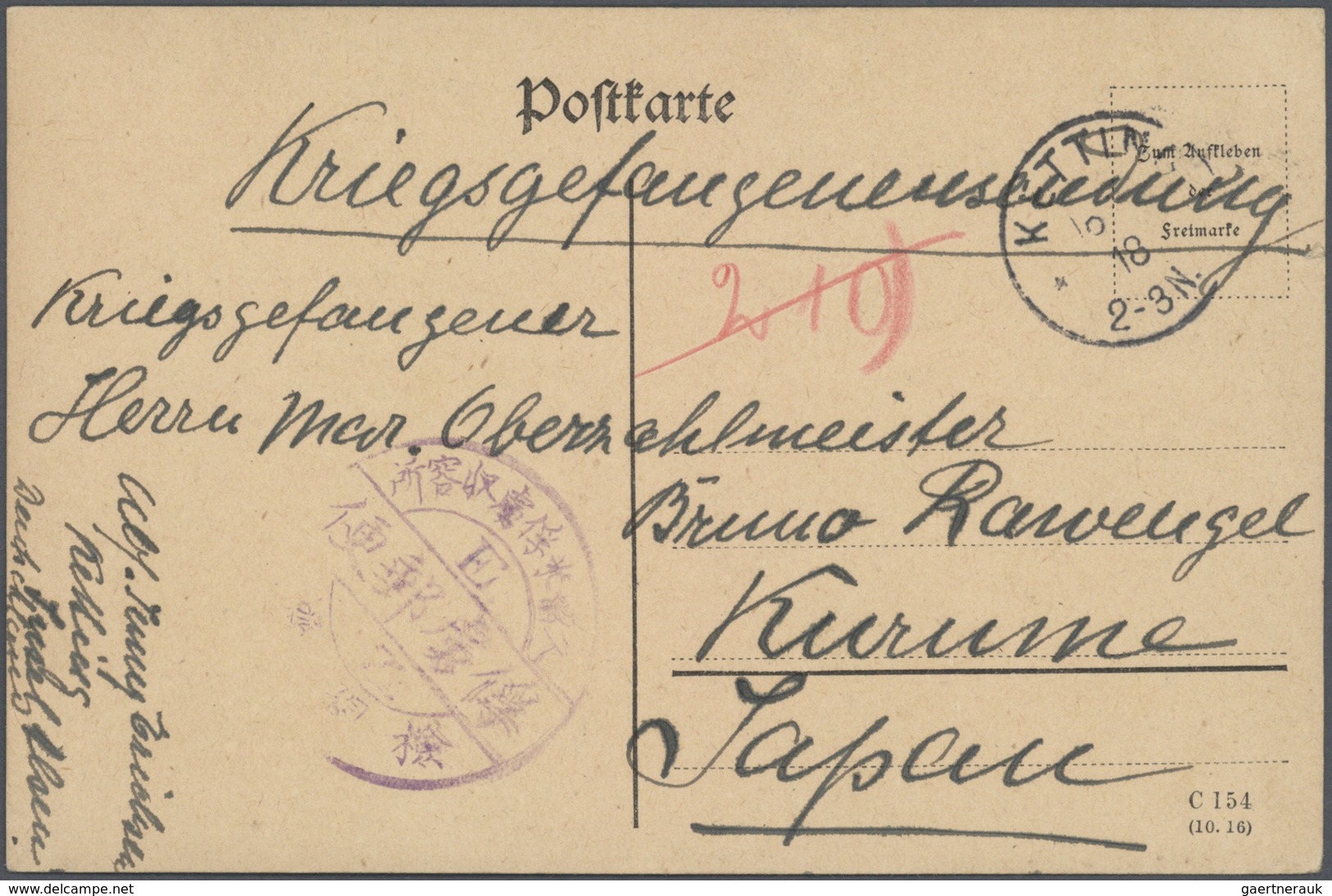 Lagerpost Tsingtau: Kurume, 1915/19, the Bruno Rawengel (rank: Marine Oberzahlmeister) correspondenc