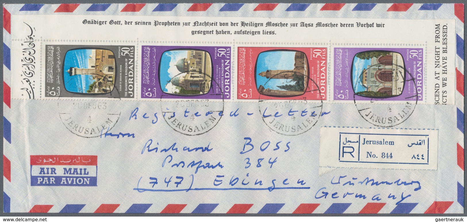 Jordanien: 1954/1989, holding of apprx. 200 covers/cards, mainly correspondence to Germany, showing