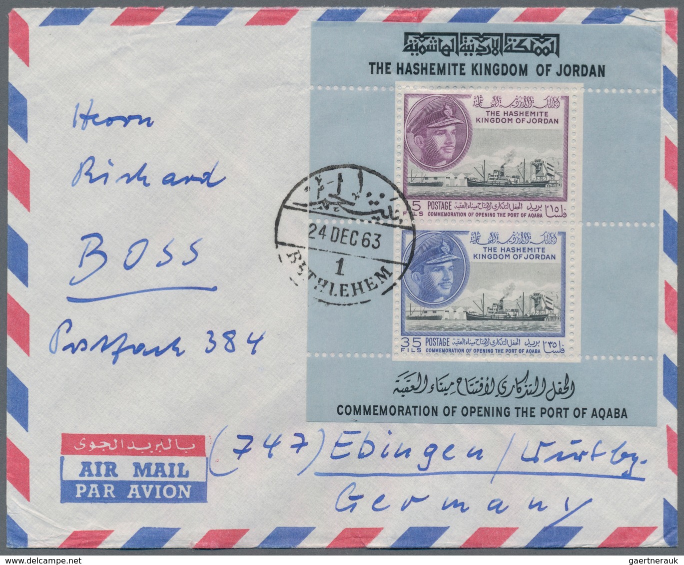 Jordanien: 1954/1989, holding of apprx. 200 covers/cards, mainly correspondence to Germany, showing