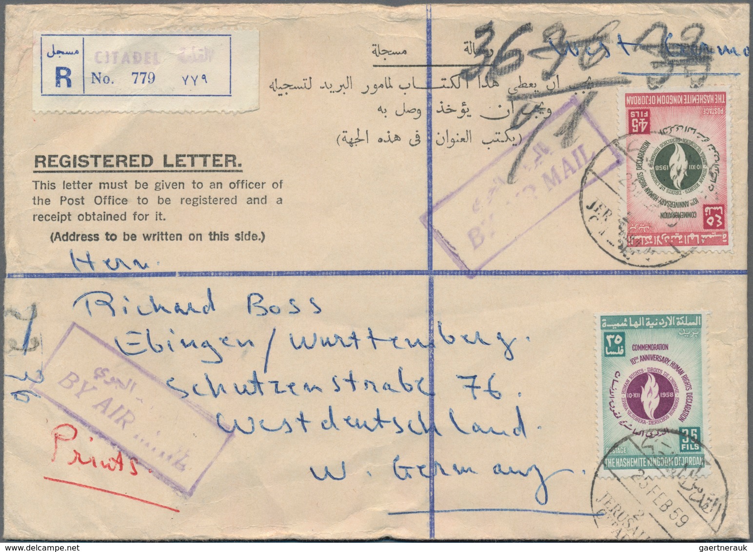 Jordanien: 1954/1989, holding of apprx. 200 covers/cards, mainly correspondence to Germany, showing