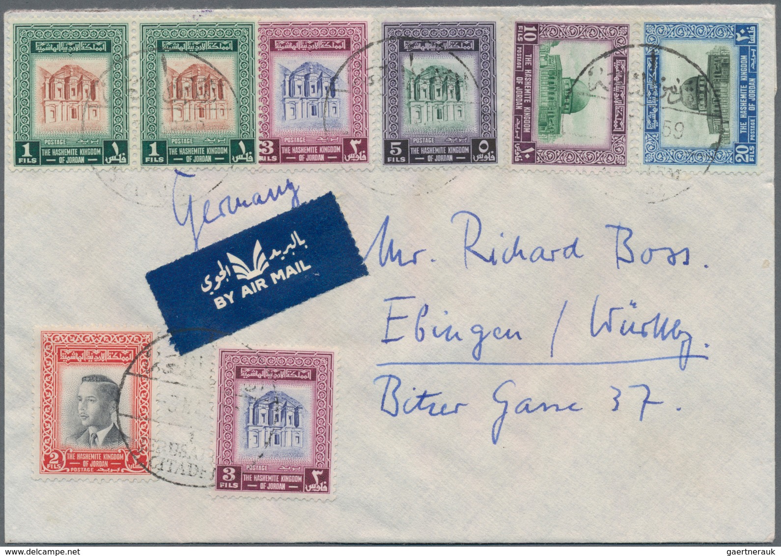 Jordanien: 1954/1989, holding of apprx. 200 covers/cards, mainly correspondence to Germany, showing