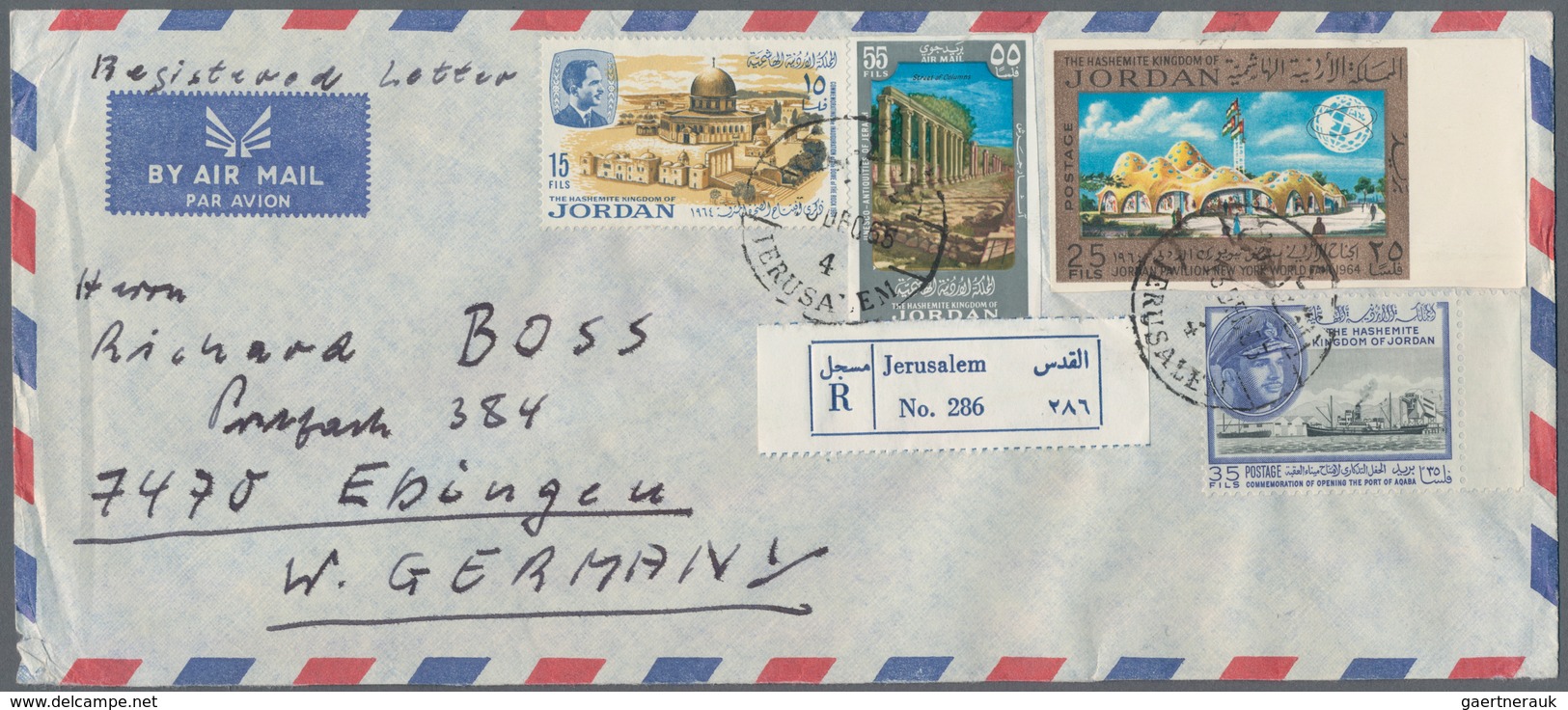 Jordanien: 1954/1989, holding of apprx. 200 covers/cards, mainly correspondence to Germany, showing