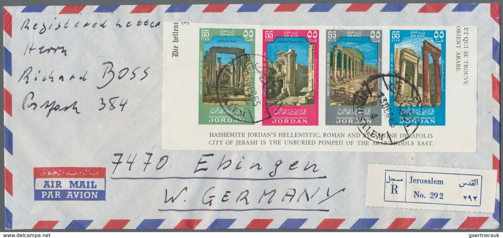 Jordanien: 1954/1989, holding of apprx. 200 covers/cards, mainly correspondence to Germany, showing