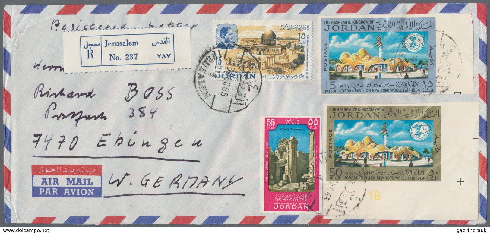 Jordanien: 1954/1989, holding of apprx. 200 covers/cards, mainly correspondence to Germany, showing