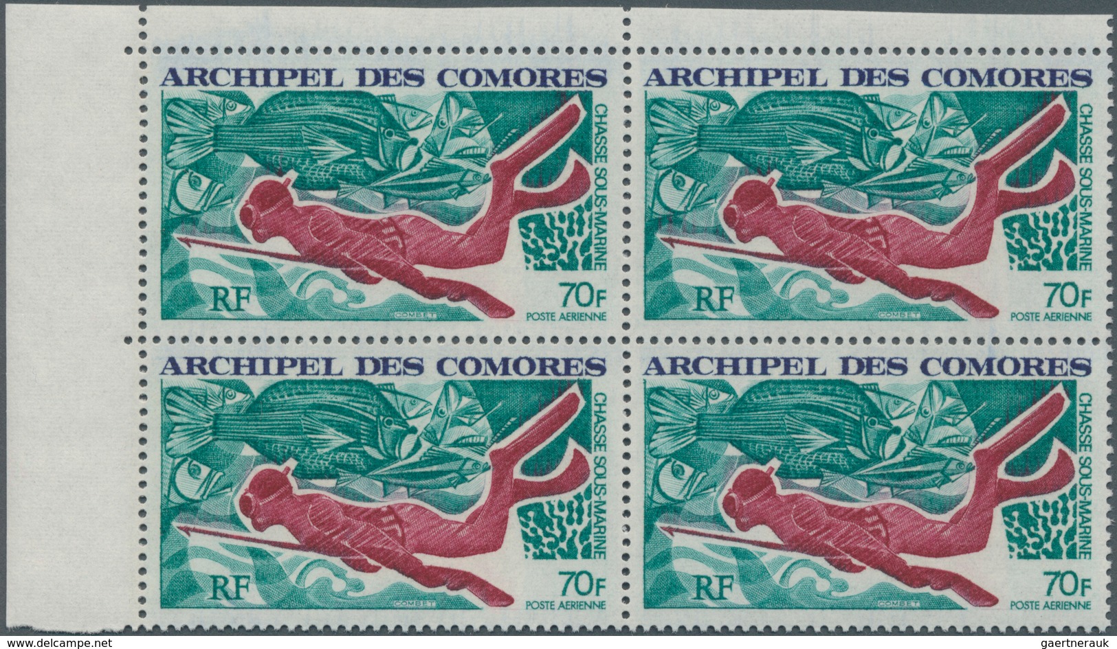 Komoren: 1972, Underwater Fishing 70fr. ‚diver With Harpoon And Fishes‘ In An INVESTMENT LOT With Ab - Komoren (1975-...)