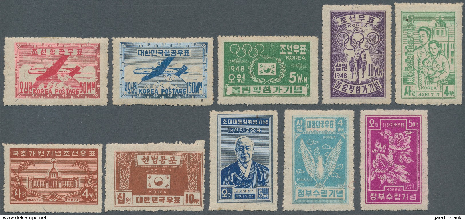 Korea-Süd: 1947/1949, Mint Assortment Of 24 Stamps With Several Better Items Like 1948 Olympic Games - Corea Del Sur