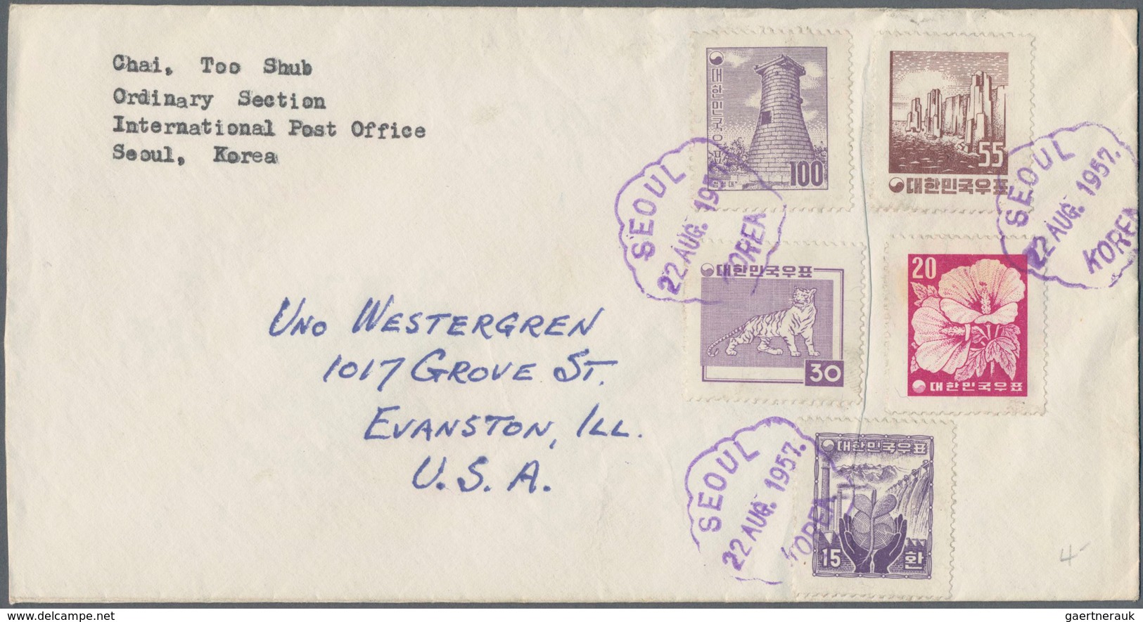 Korea-Süd: 1951/63 (ca.), covers (22) resp. used ppc (1) all to foreign and mostly airmail and inc.