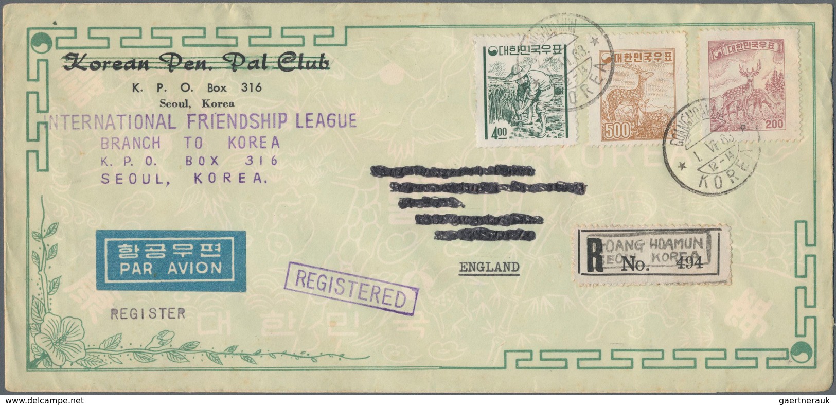 Korea-Süd: 1951/63 (ca.), covers (22) resp. used ppc (1) all to foreign and mostly airmail and inc.