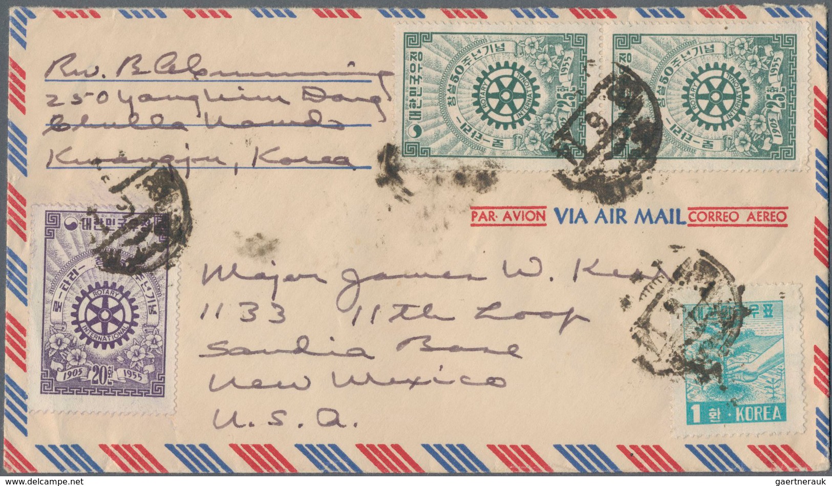 Korea-Süd: 1951/63 (ca.), covers (22) resp. used ppc (1) all to foreign and mostly airmail and inc.