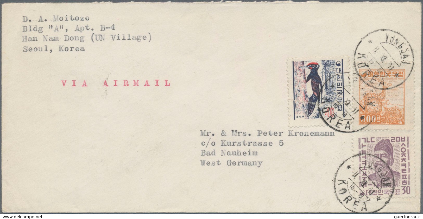 Korea-Süd: 1951/63 (ca.), covers (22) resp. used ppc (1) all to foreign and mostly airmail and inc.